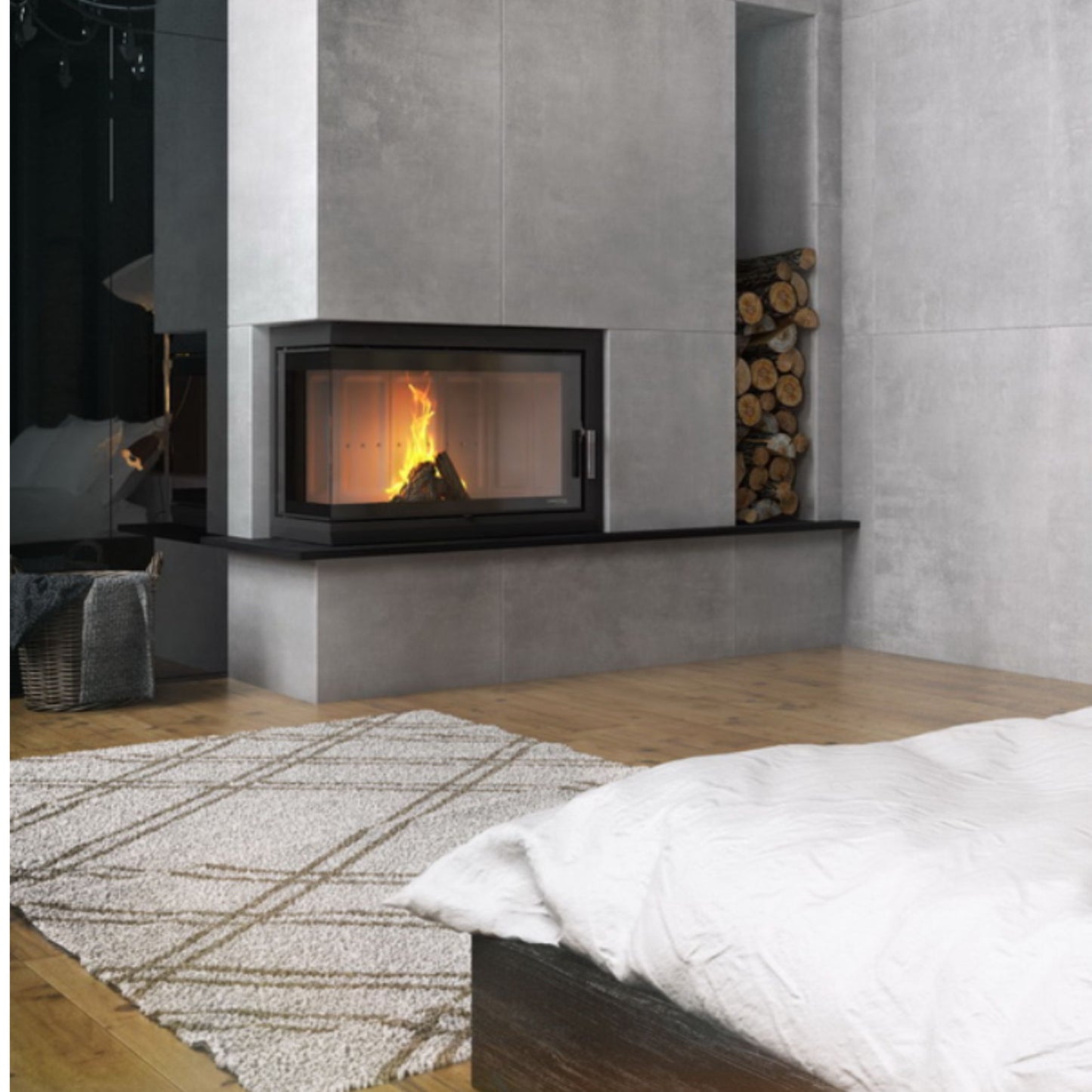 Kaminski vložek s kotnim steklom v prostoru