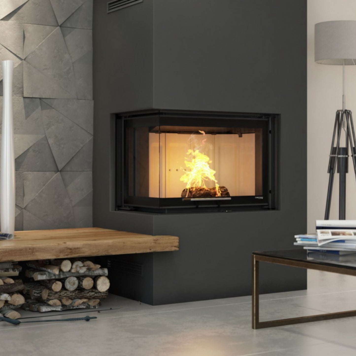 Kaminski vložek s kotno zasteklitvijo in dvižnim odpiranjem vrat v prostoru