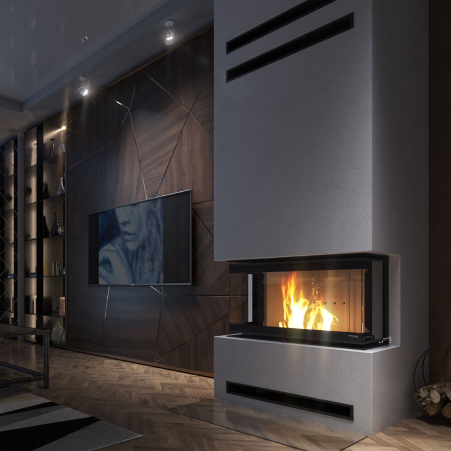 Kaminski vložek s trsistransko zasteklitvijo v prostoru