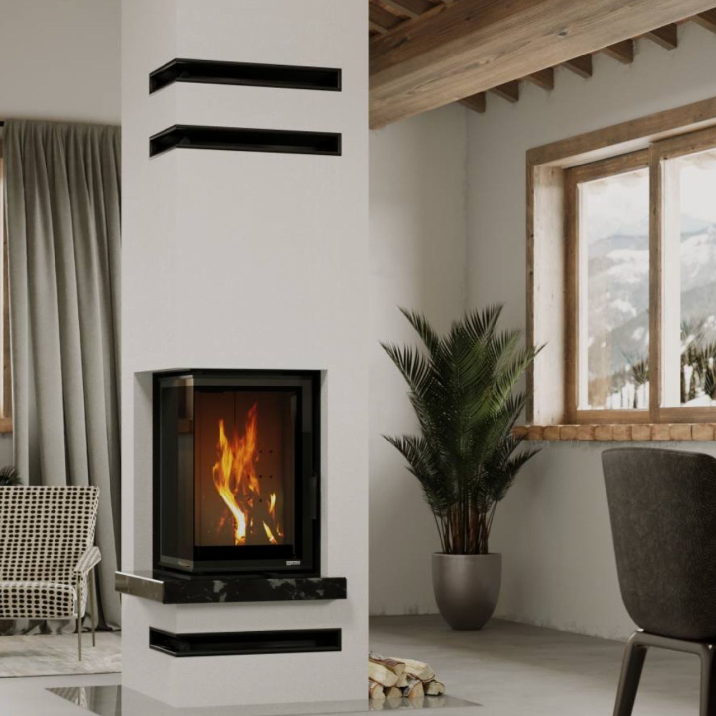 Kaminski vložek s kotnim steklom v prostoru