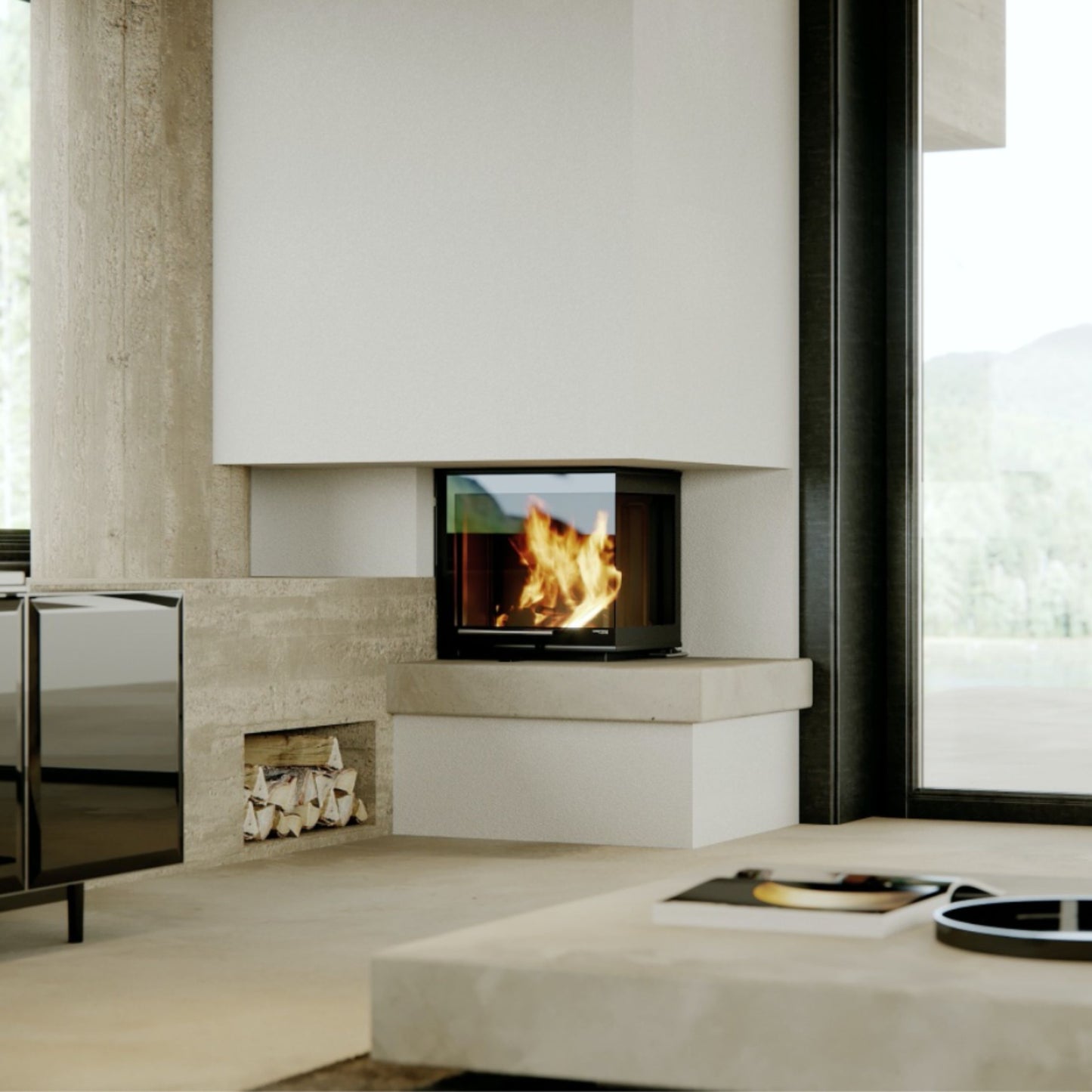 Kotni kaminski vložek z dvižnim odpiranjem kuriščnih vrat v prostoru