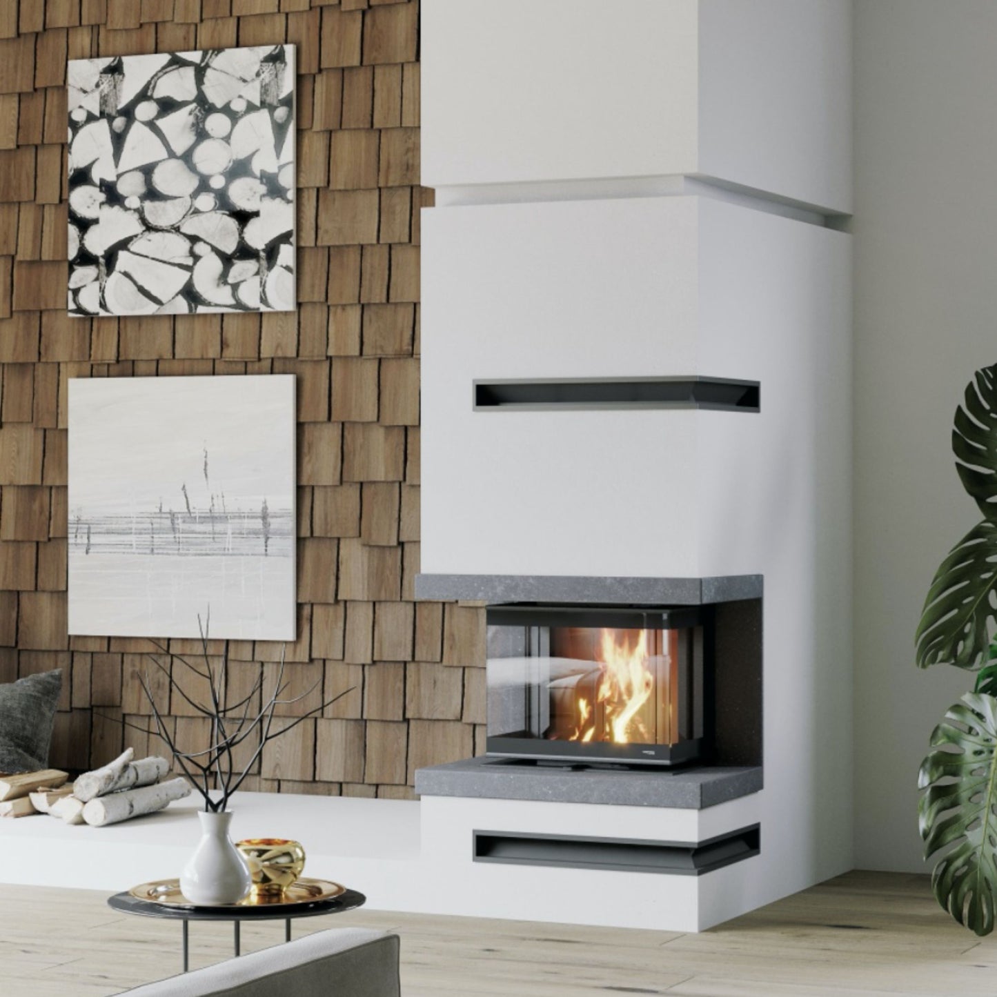 Kaminski vložek s tristransko zasteklitvijo v prostoru