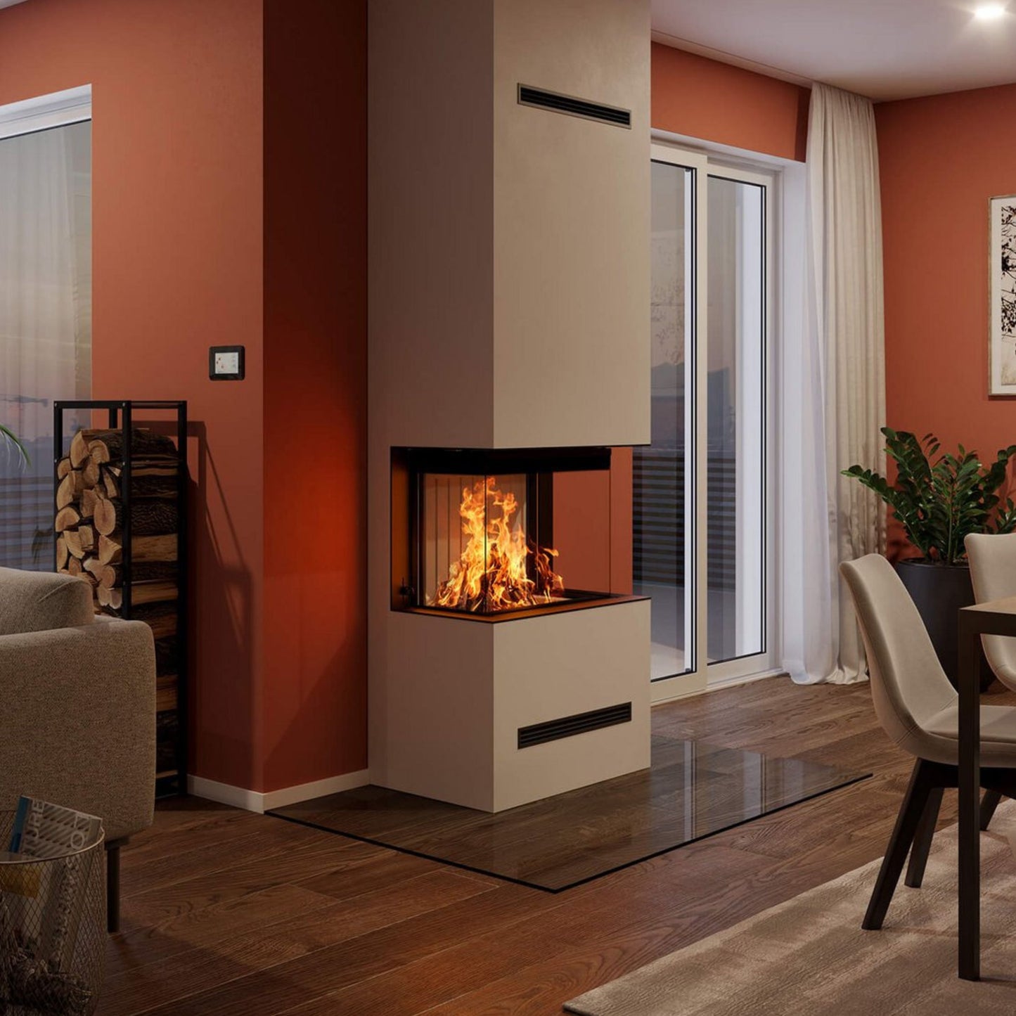 Obzidan kaminski vložek z tristransko zasteklitvijo, obzidava je bele barve