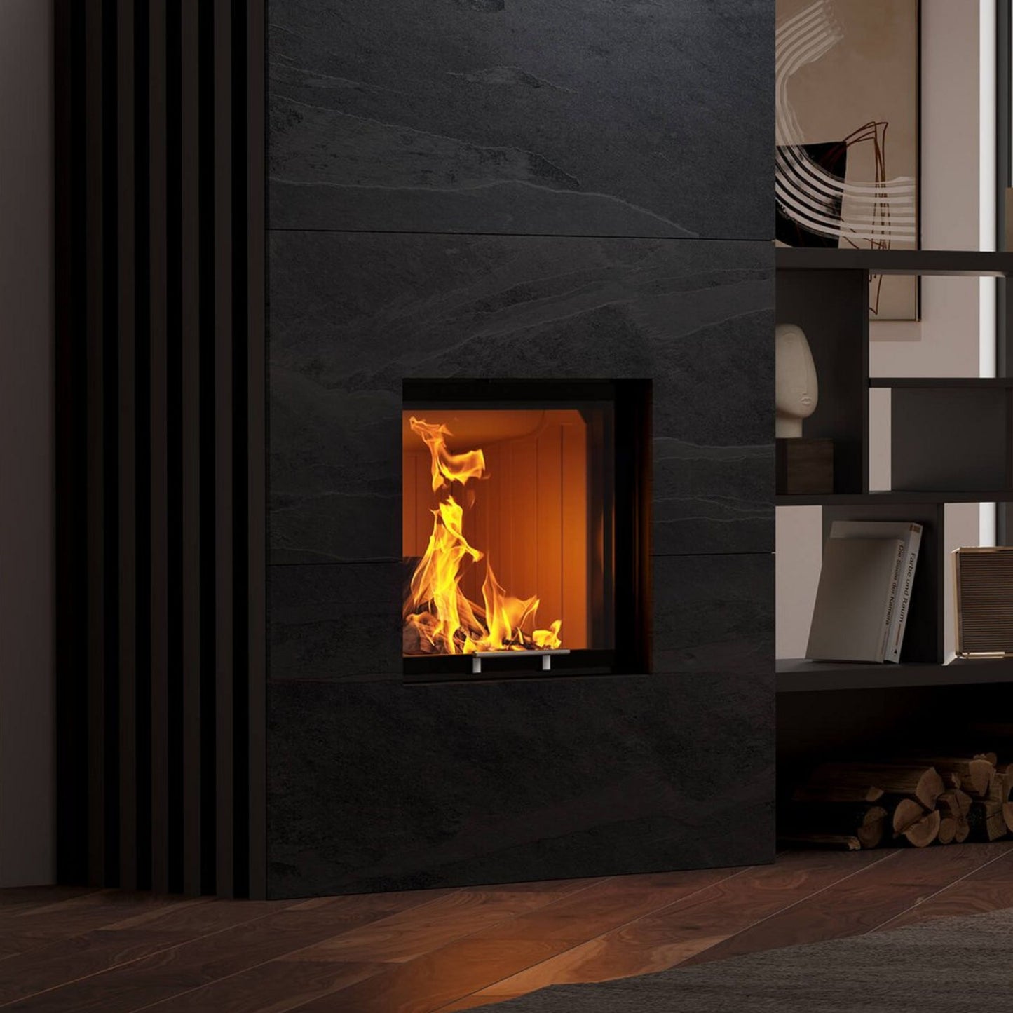 Obzidan kaminski vložek z ravno zasteklitvijo, obzidava je črne barve