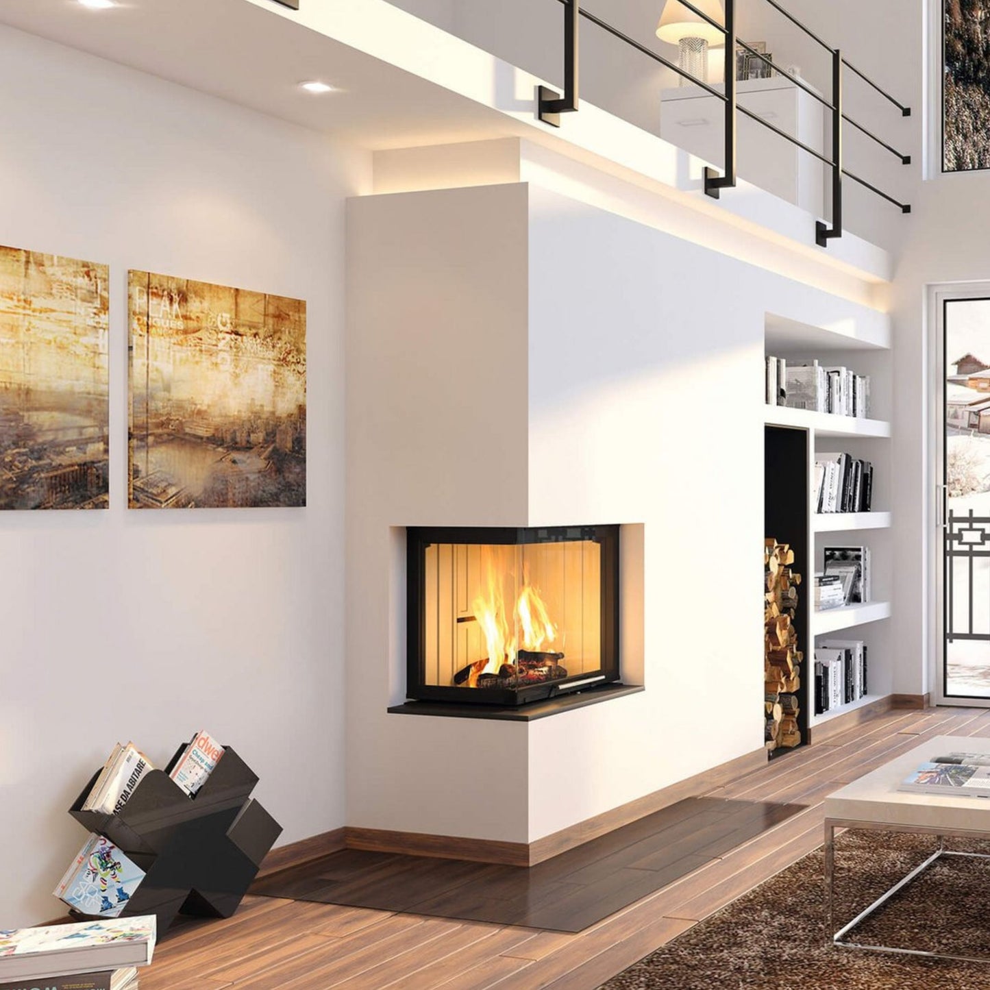 Obzidan kaminski vložek z L zasteklitvijo, obzidava je bele barve in ima na desni strani nišo za drva