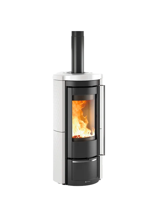Modern white wood stove with visible flames on a white background