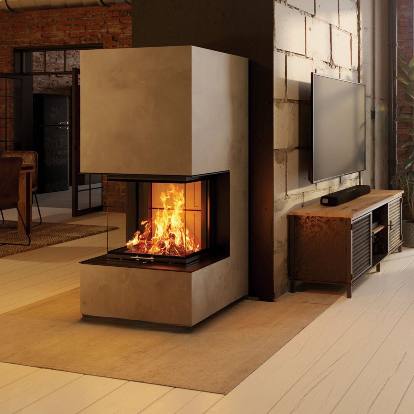 Toplozračni kamin z kaminskim vložkom z tristransko zasteklitvijo