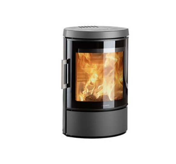 Kaminska peč na drva v sivi barvi v elipsasti obliki