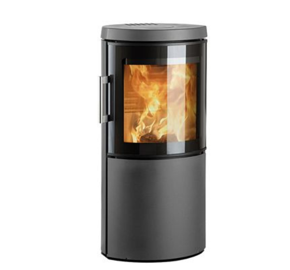 Kaminska peč na drva v sivi barvi v elipsasti obliki