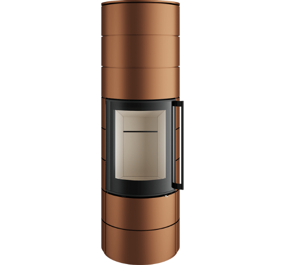 Prostostoječa kaminska peč okrogle oblike, v oranžno-bakreni barvi