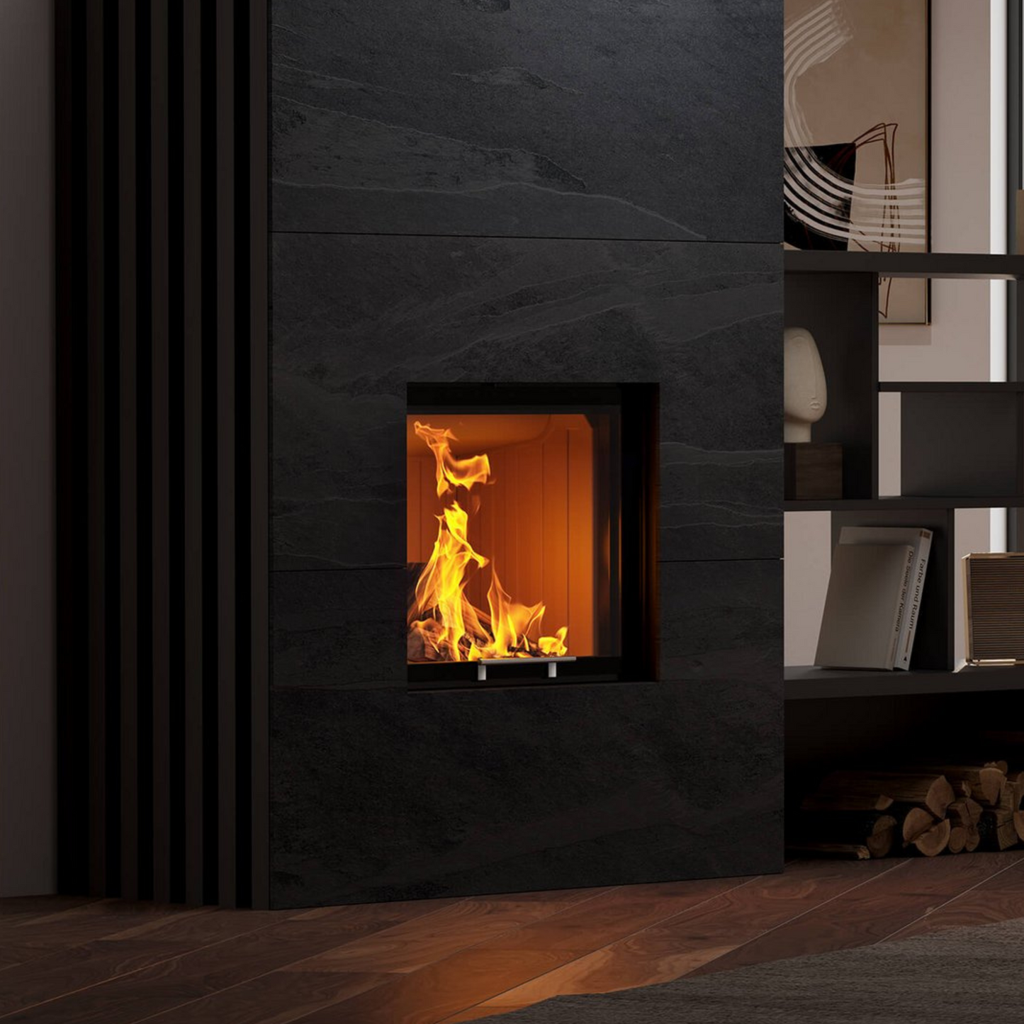 Obzidan kaminski vložek z ravno zasteklitvijo, obzidava je črne barve