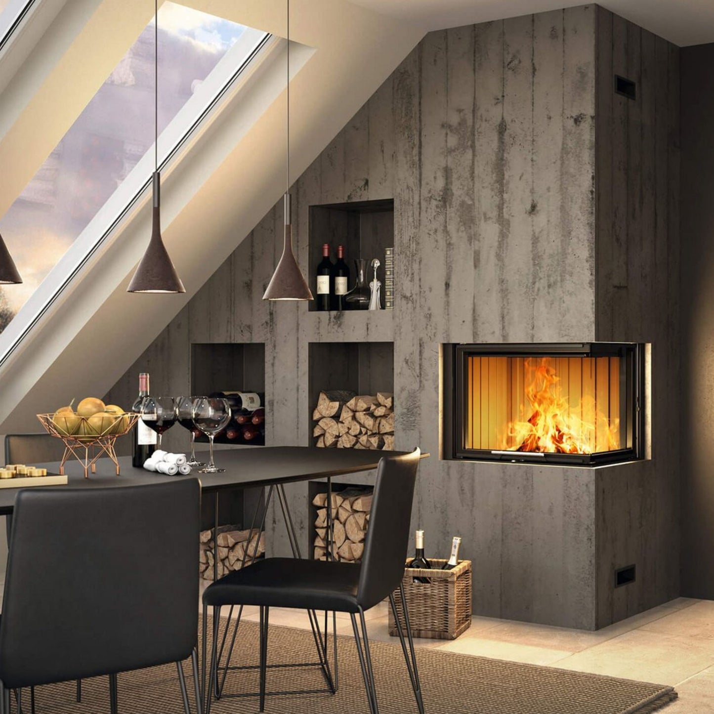 Obzidan kaminski vložek z L zasteklitvijo, obzidava je sive barve in ima na levi strani nišo za drva