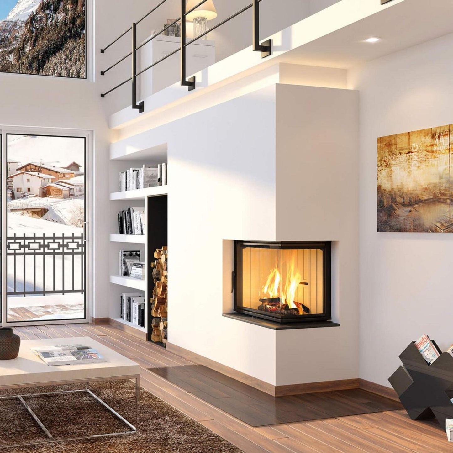 Obzidan kaminski vložek z L kotno zasteklitvijo, obzidava je v beli barvi in ima na levi strani nišo za drva