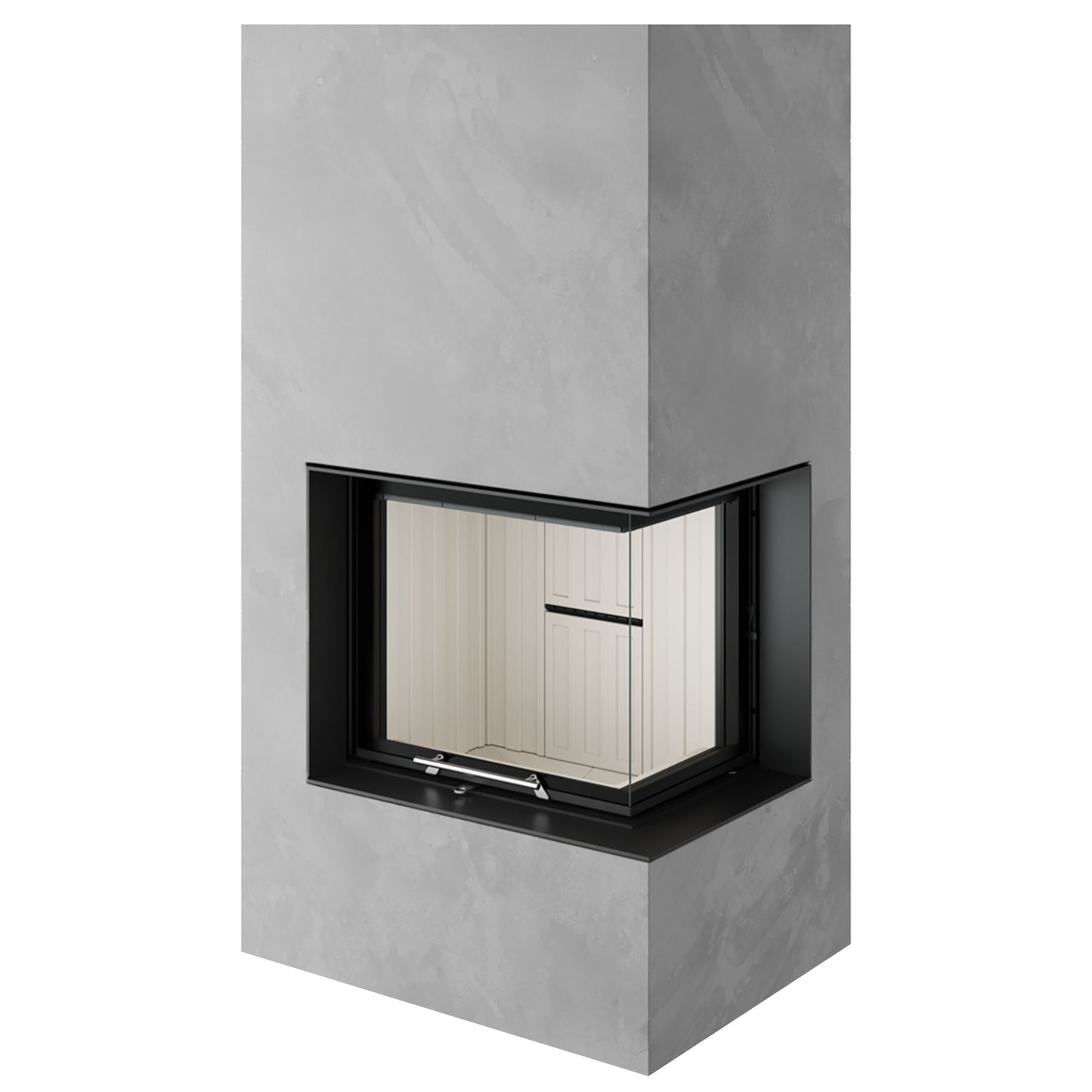 serijski toplozračni kamin z kaminskim vložkom z L - kotno zasteklitvijo z dvižnim odpiranjem kuriščnih vrat