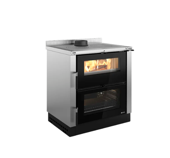 Stainless steel oven with glass door on a white background