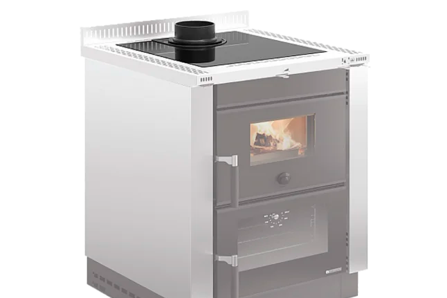 Wood stove with glass door on a white background