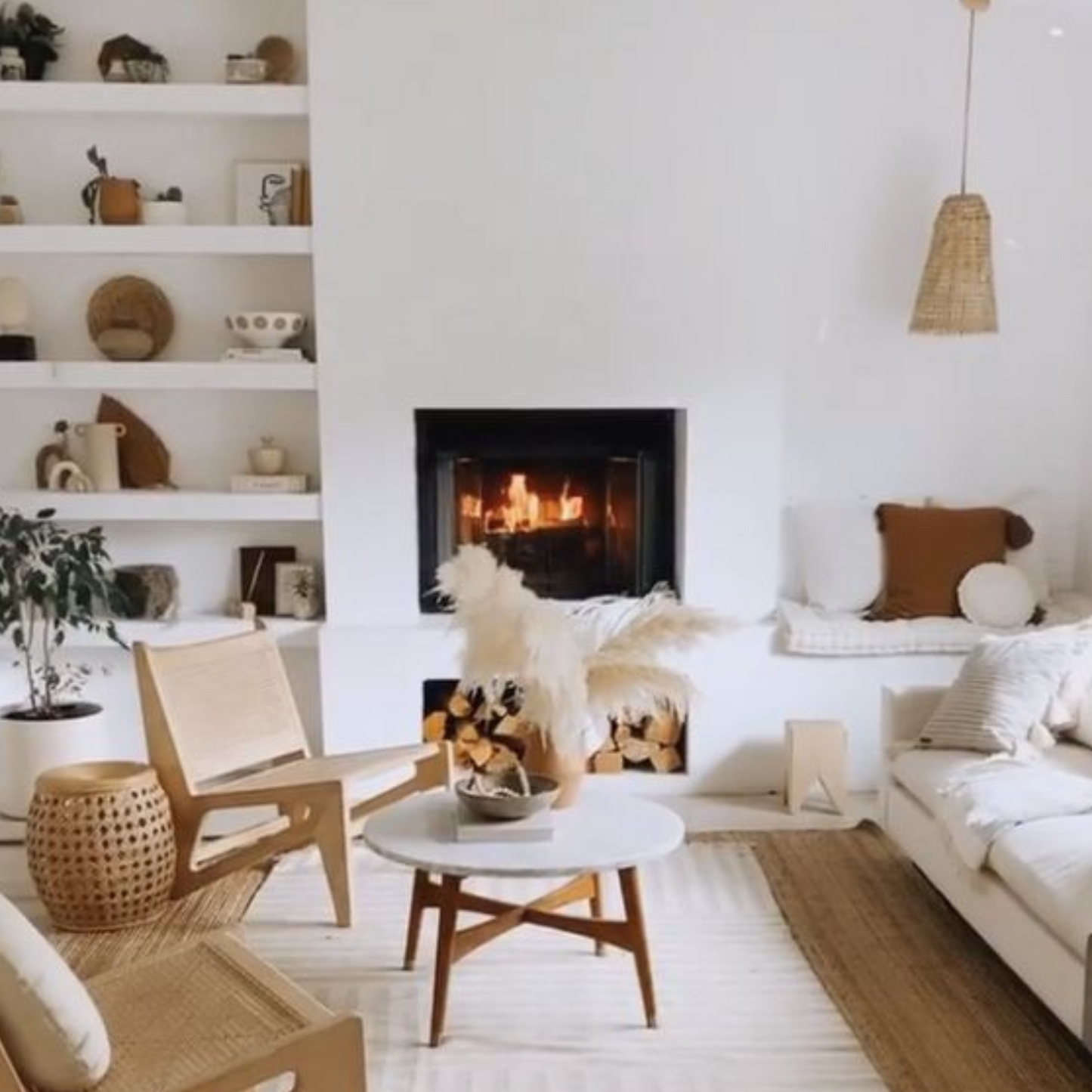 Obzidan kaminski vložek z ravno zasteklitvijo, obzidava je v beli barvi, pod kaminskim vložkom pa je niša za drva