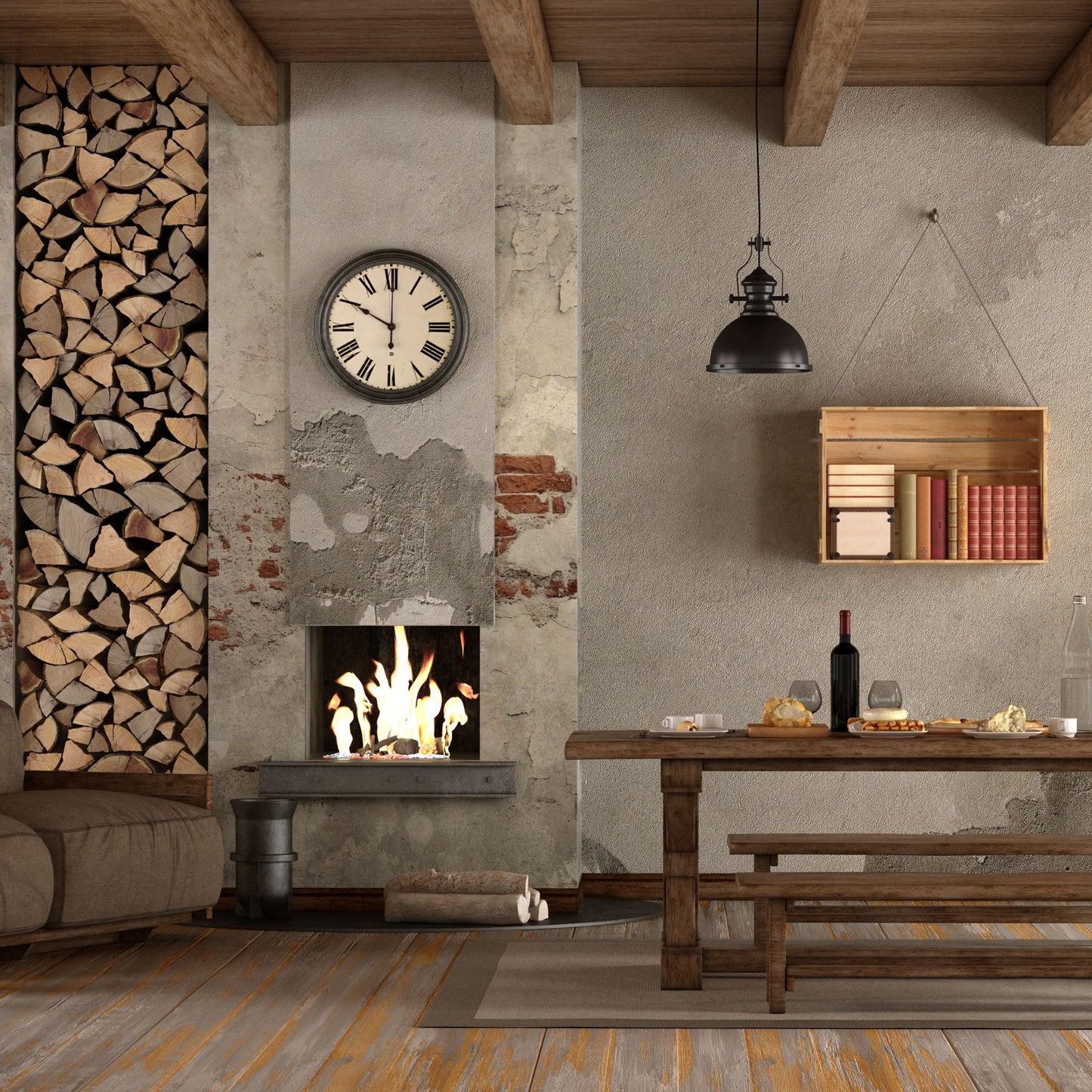 Obzidan kaminski vložek z ravno zasteklitvijo, obzidava je narejena rustikalno, kar pomeni da se vidi opeke in da lim ni premazan čez celo obzidavo