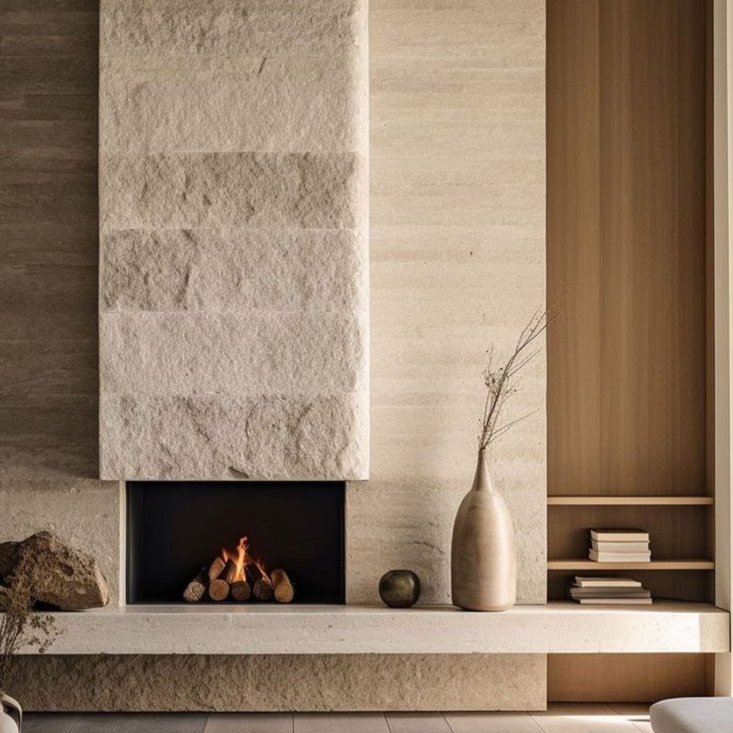 Obzidan kaminski vložek z ravno zasteklitvijo, obzidava je v bež barvi