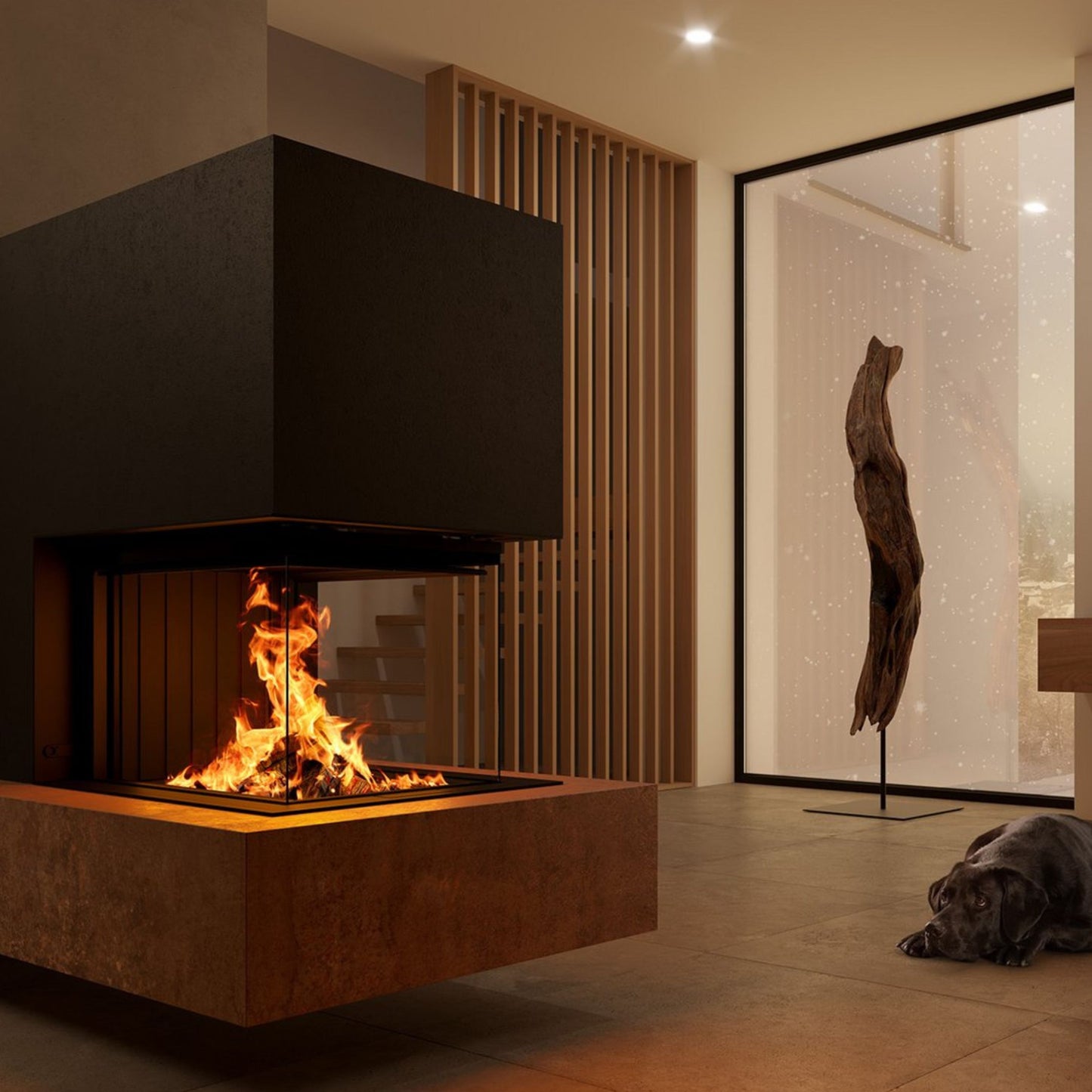 Toplozračni kamin s kaminskim vložkom s tristransko zasteklitvijo, obzidava je zgoraj v črni barvi, spodaj pa v bakreni