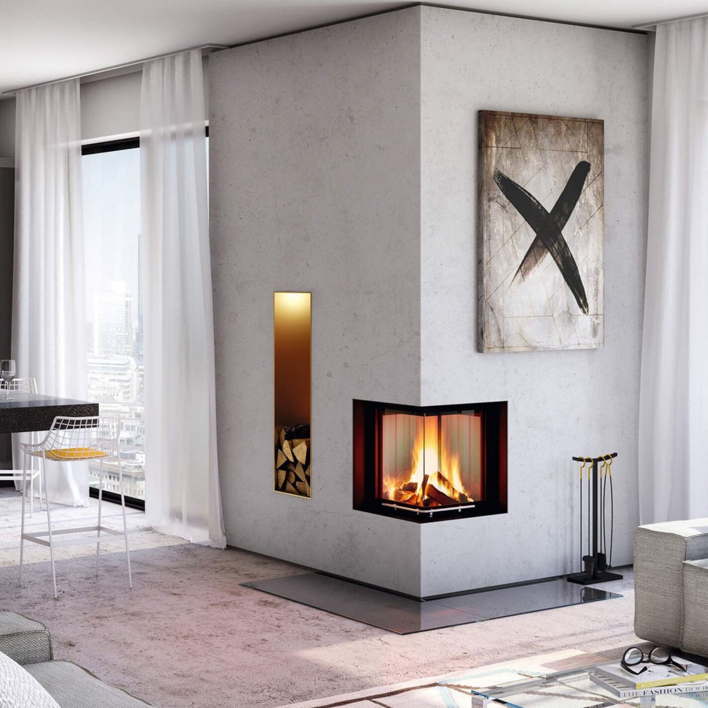 Toplozračni kamin s kotnim steklom 22