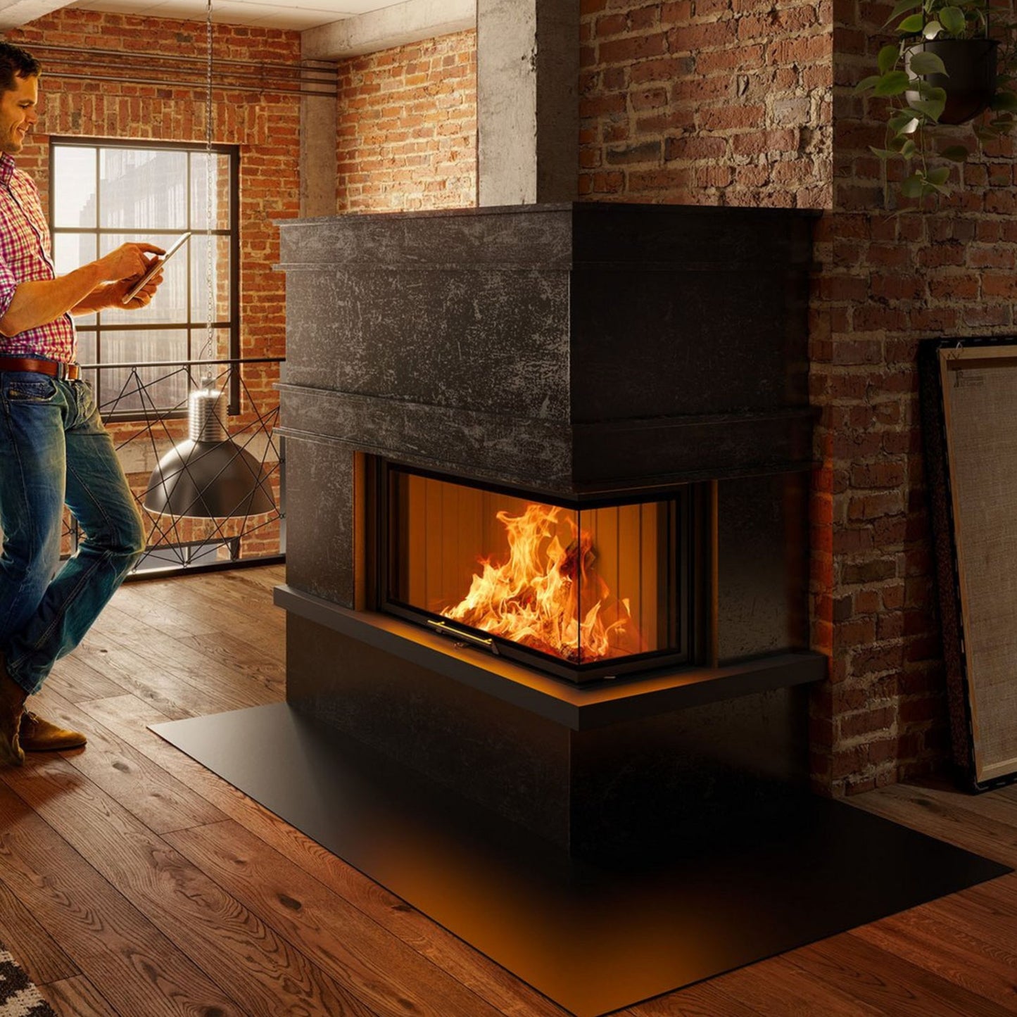 toplozračni kamin z temno sivo akumulacijsko obzidavo