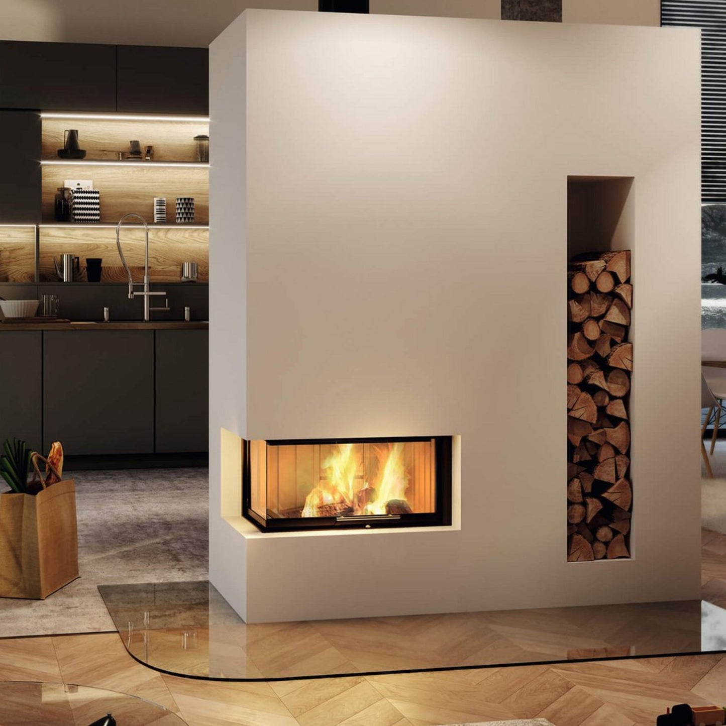 Minimalističen vgradni kamin s kotnim steklom in integrirano nišo za drva