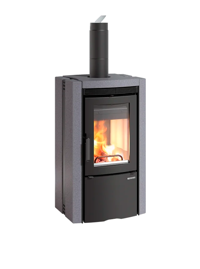 Wood stove with visible flames on a white background