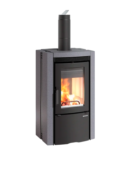 Wood stove with visible flames on a white background