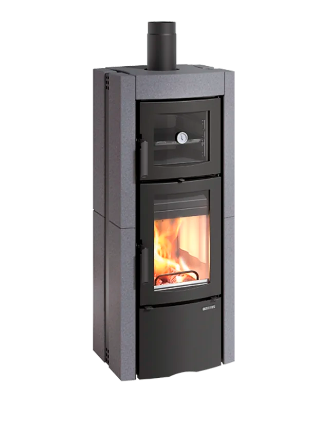 Wood-burning stove with visible flames on a white background