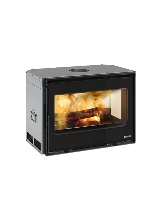 A modern wood-burning fireplace with a black front door, silver side panel, and visible flames burning inside, shown on a plain white background.
