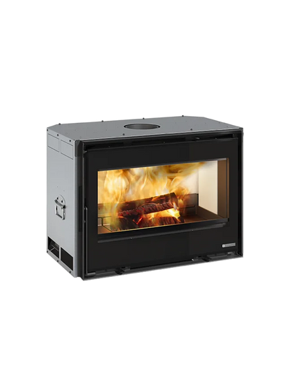A modern wood-burning fireplace with a black front door, silver side panel, and visible flames burning inside, shown on a plain white background.