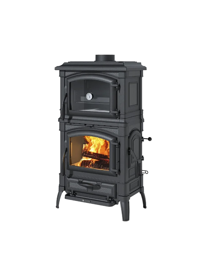 Black wood stove with visible flames on a white background