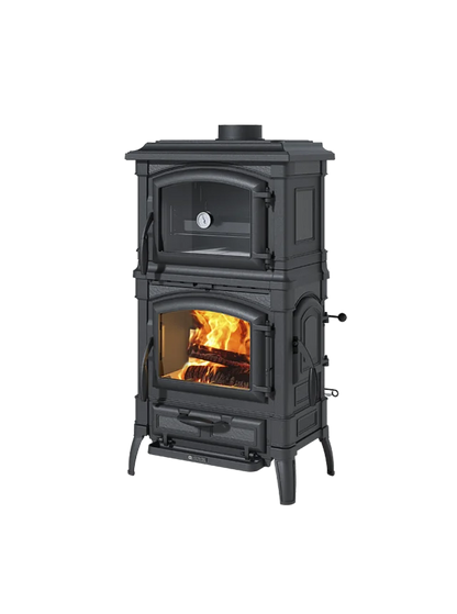 Black wood stove with visible flames on a white background