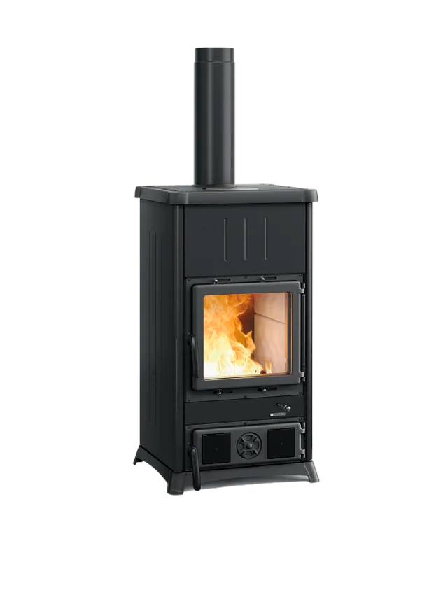 Black wood stove with visible flames on a white background