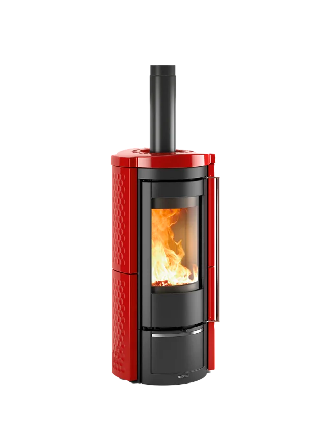 Red and black wood stove with flames visible on a white background