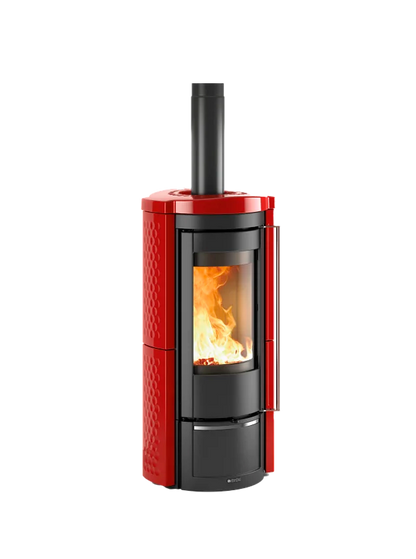 Red and black wood stove with flames visible on a white background