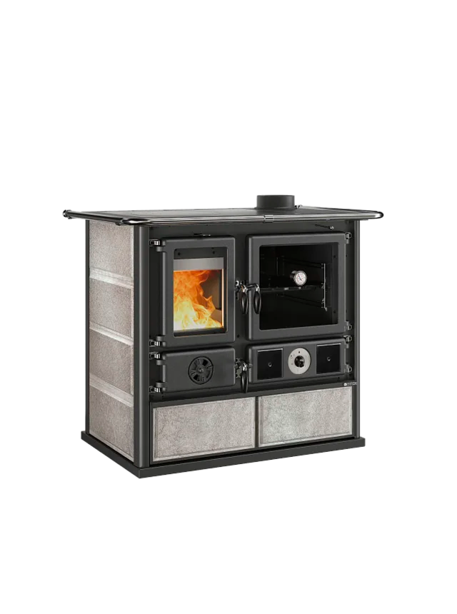 wood cooker with fire on left side and oven on the right side, the cooker is on grey colour with stove cladding