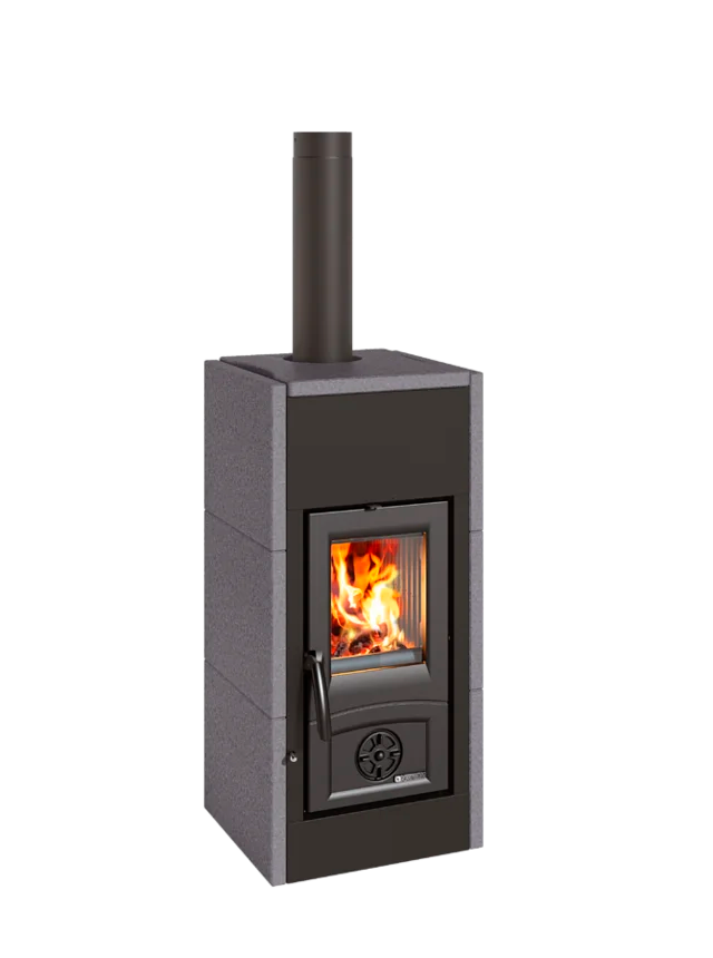 Wood stove with visible flames on a white background