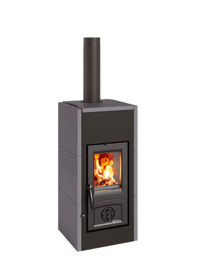Wood stove with visible flames on a white background