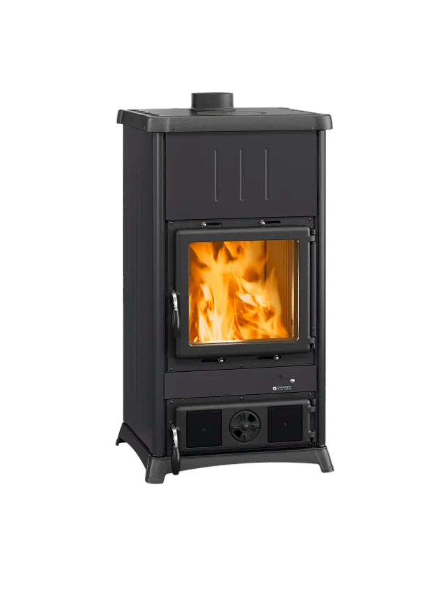 Black wood stove with visible flames on a white background