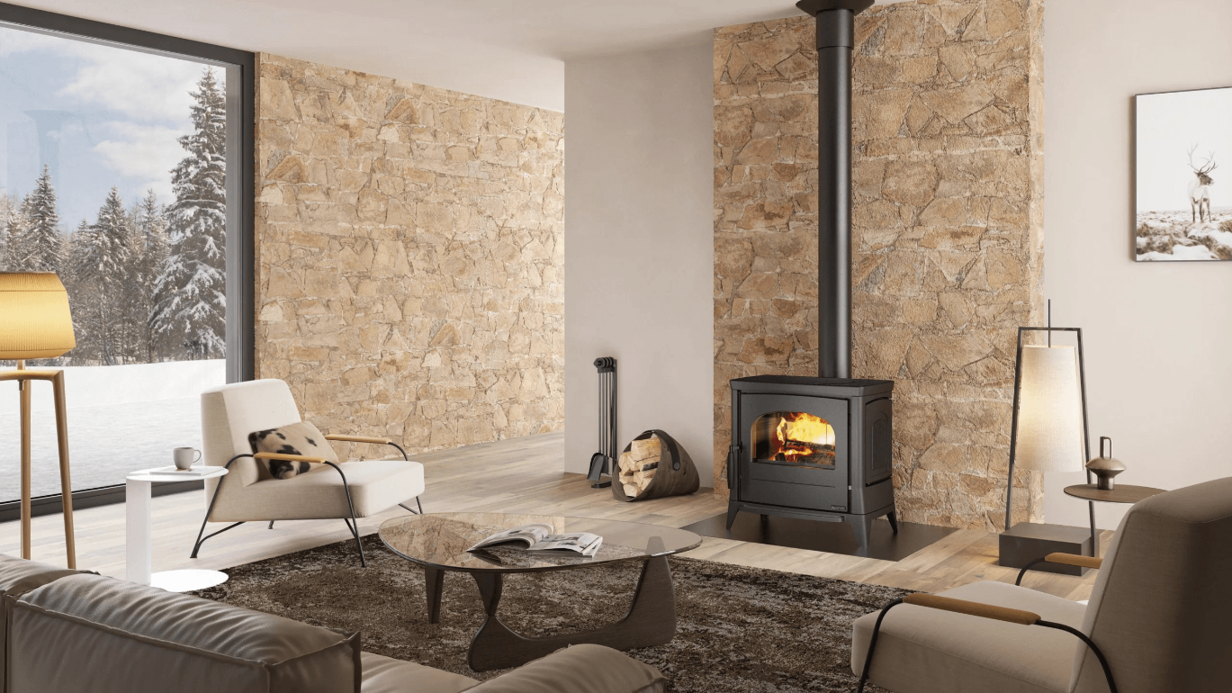 Modern living room with stone walls, a fireplace, and decorative items.