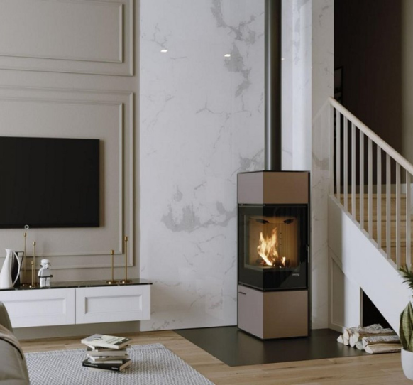 Modern living room with a freestanding fireplace and marble wall.
