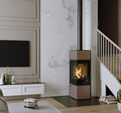 Modern living room with a freestanding fireplace and marble wall.