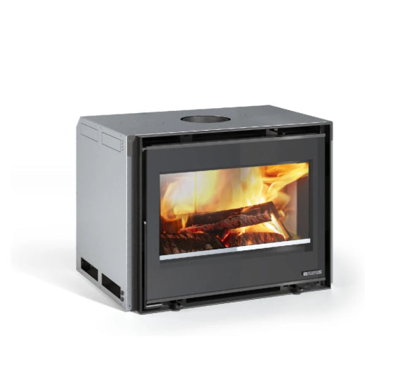 Modern wood-burning stove with visible flames on a white background