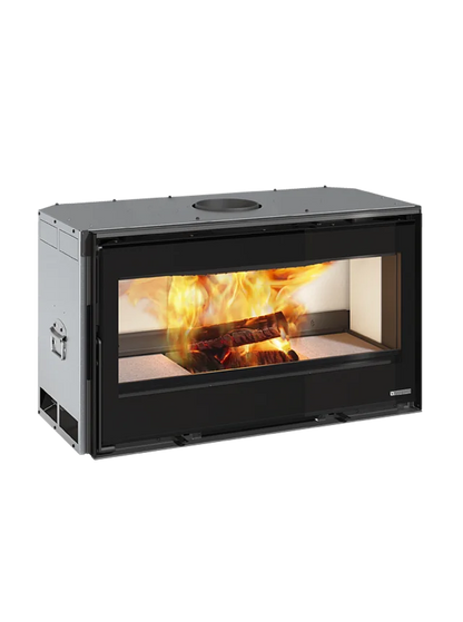 A modern wood-burning fireplace with a black frame and glass front, showing a burning log inside. The unit has a dark gray top casing and a silver side panel, photographed on a solid white background.