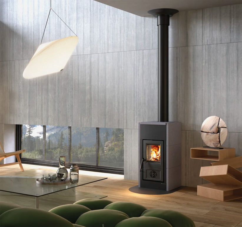 Modern living room with a wood stove and large windows
