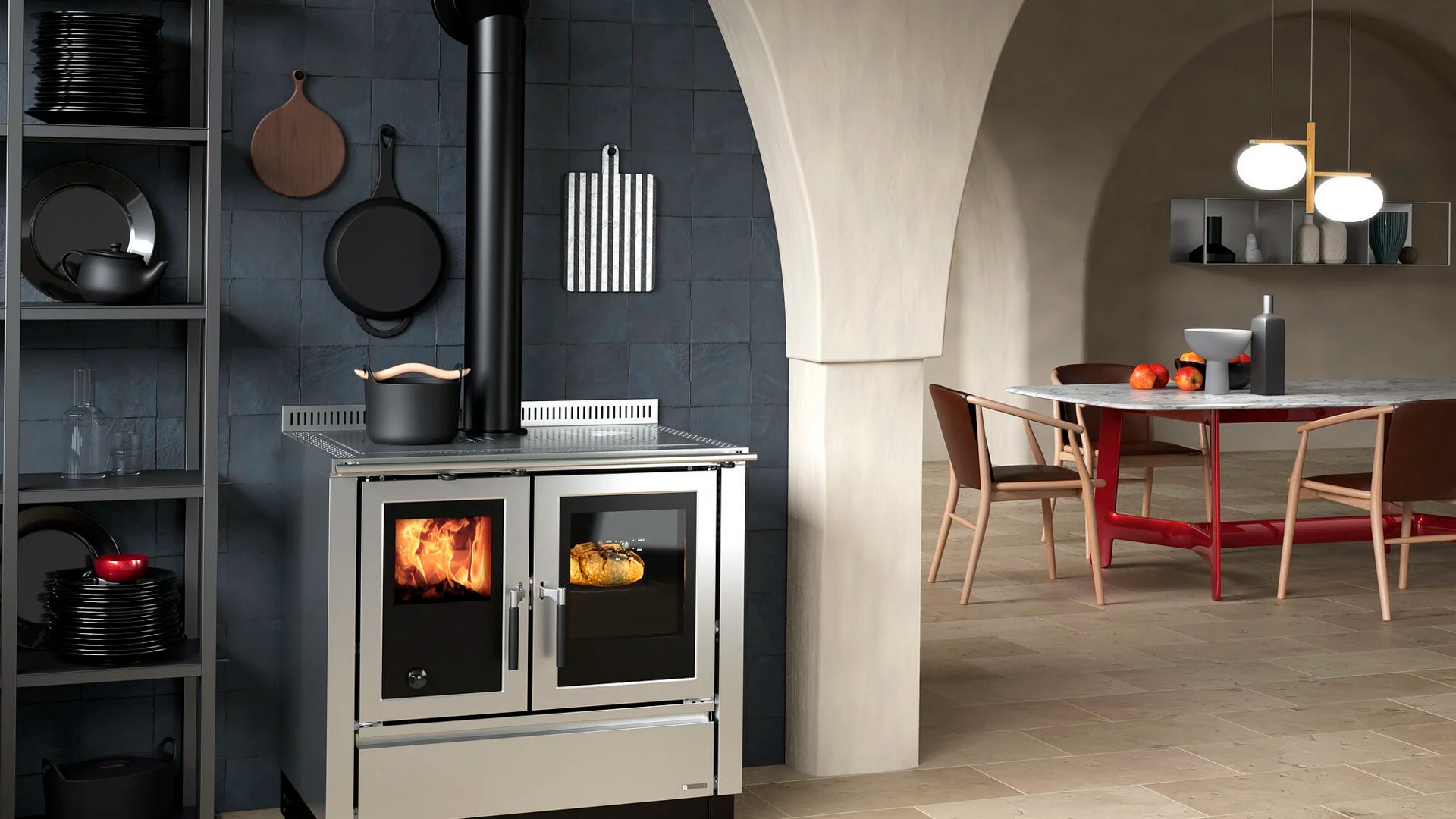 wood cooker in inox colour in the kitchen