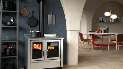 wood cooker in inox colour in the kitchen