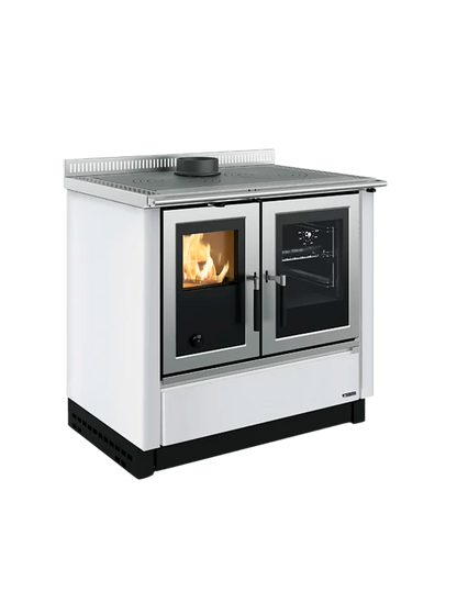 Wood cooker in white colour, on the left side is fire and on the right is oven